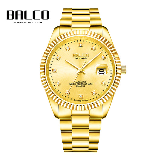 BALCO Gold and Diamond Watch Men's Automatic Watches With 11 Natural Diamond 24K Gold Wristwatch