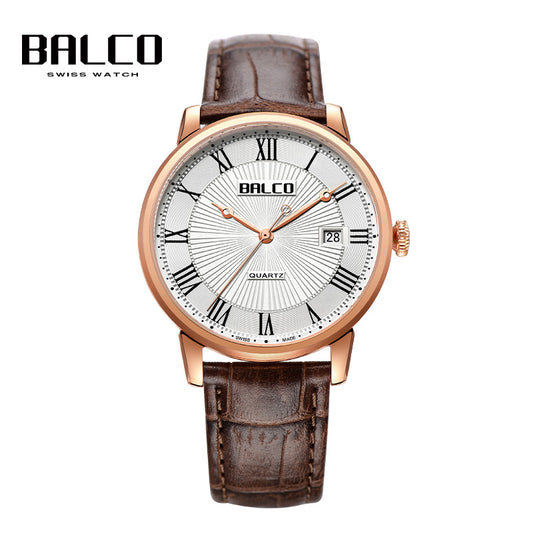 BALCO Quartz Wristwatches-Brown Leather Strap,Calendar,Vintage Style For Men