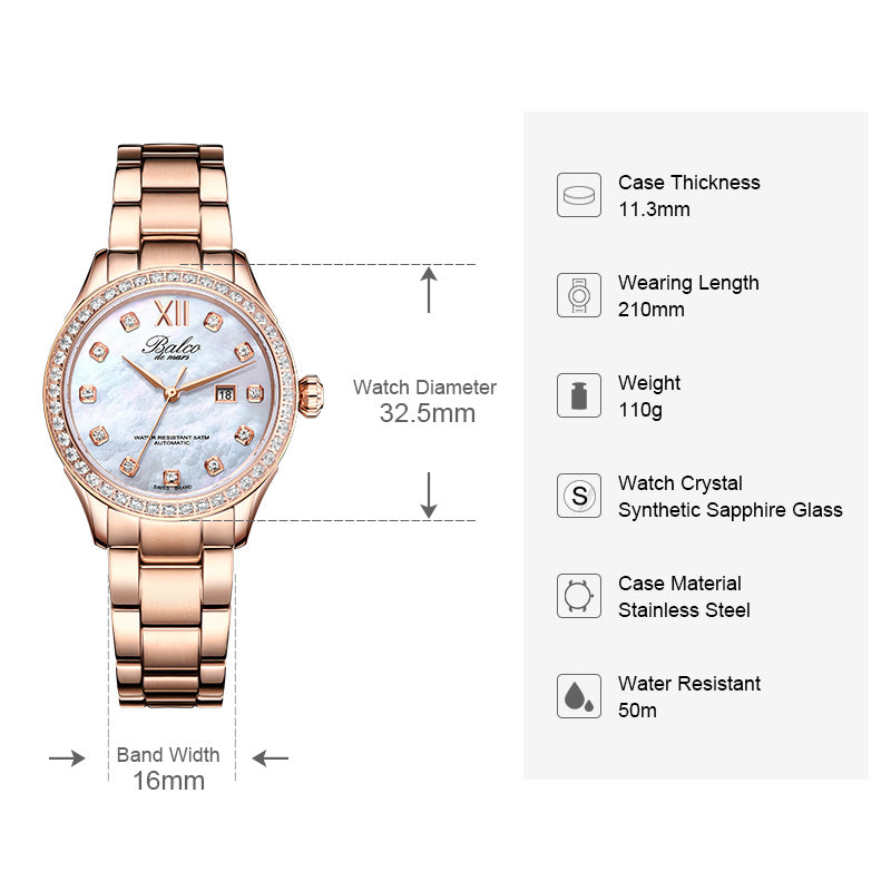 BALCO Women Mechanical Wristwatch-Calendar,Ziron Dial,Fashion Style for Work