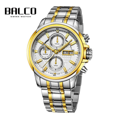 BALCO Chronograph Swiss Watch-Sapphire Glass,Calendar Sports Wristwatch for His