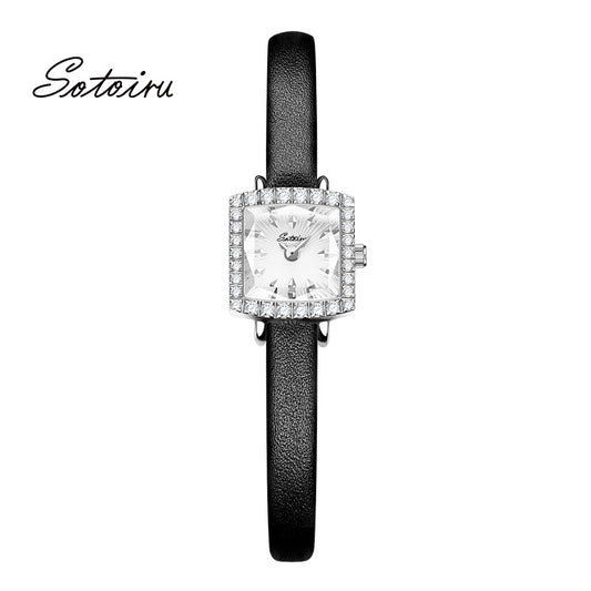 Sotoiru Leather Watch Small Square Zircon Dial Watch for Daily Wear