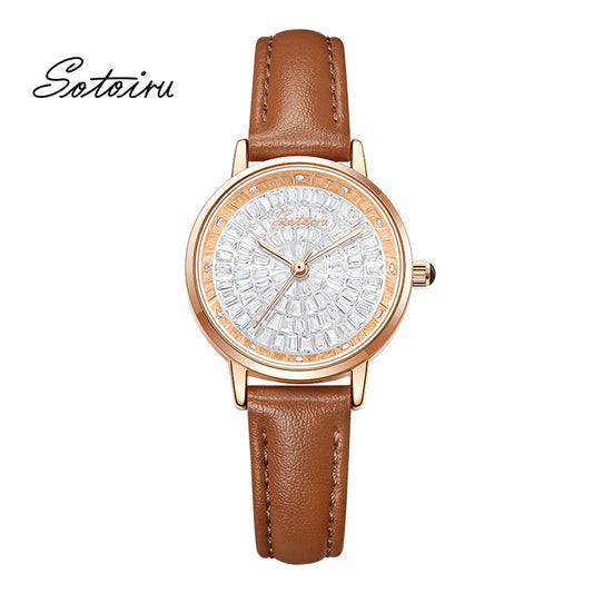 Sotoiru Women's Watches Round Full Zircon Leather Watch for Work