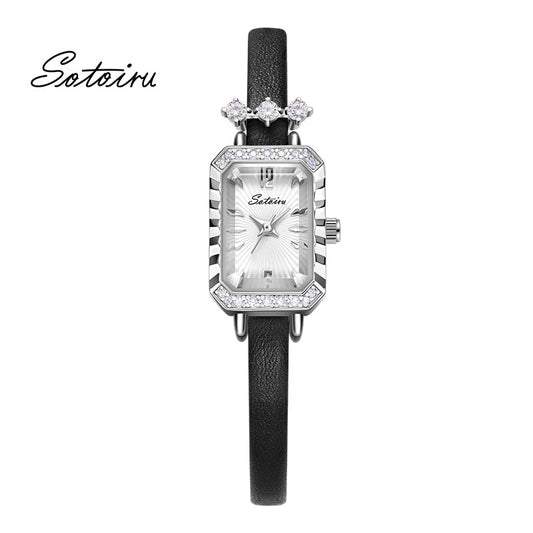 Sotoiru Women Watches Square Zircon Dial Leather Watch for Formal Wear