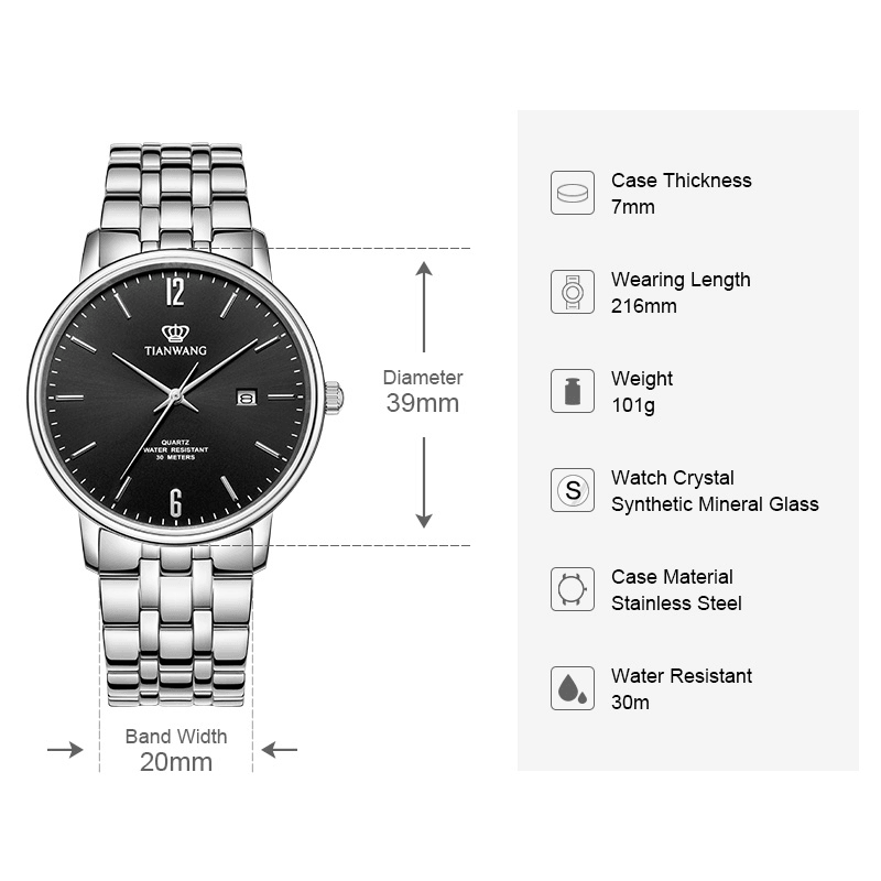 ساعة تيان وانغ للرجال ساعة رجال الأعمال كهدية له GS31308